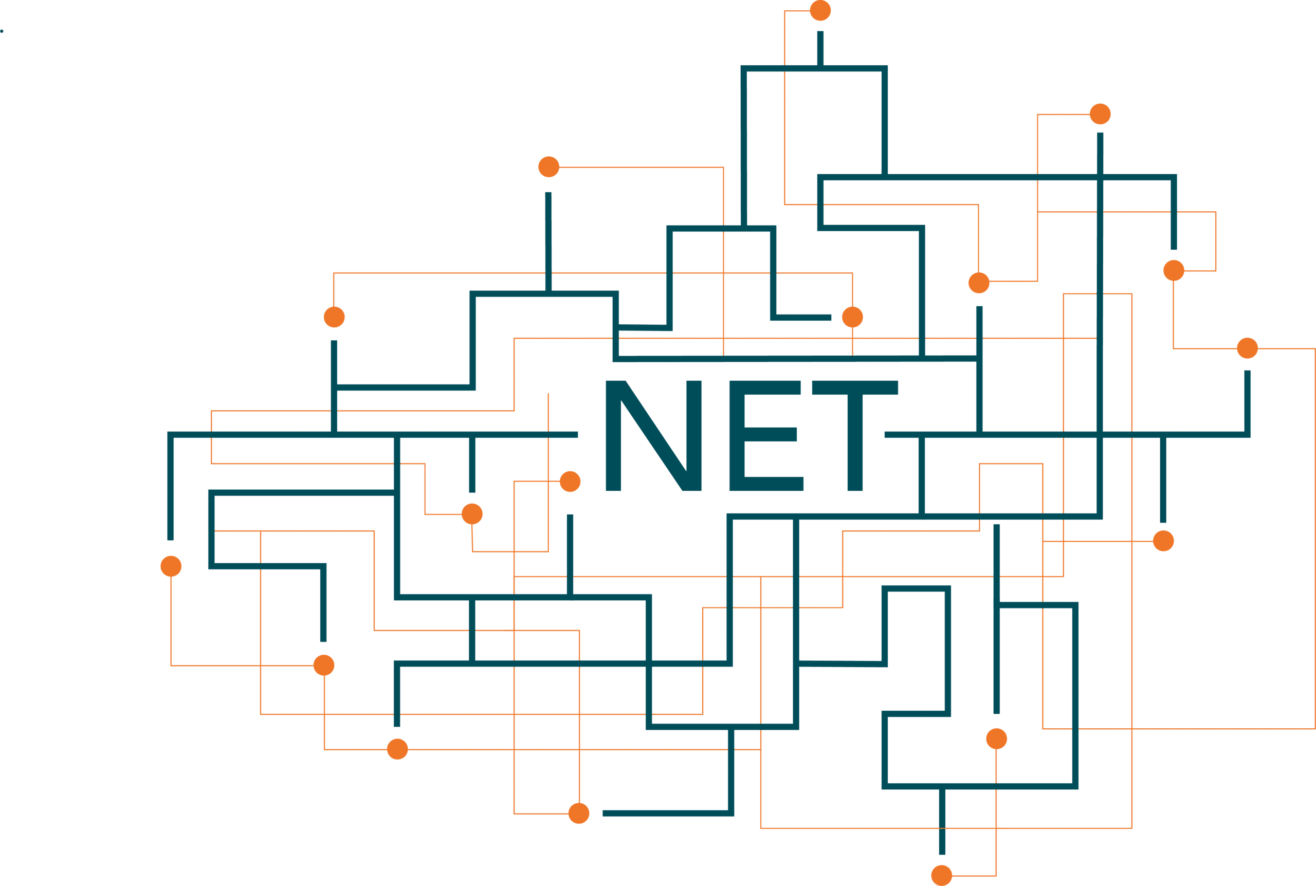 Illustration with interconnected lines and nodes forming the word '.NET', symbolizing the complexity and connectivity of .NET technologies.
