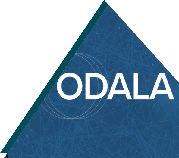 ODALA logo integrated within a triangular overlay, displayed on a blue background with a network-like design.