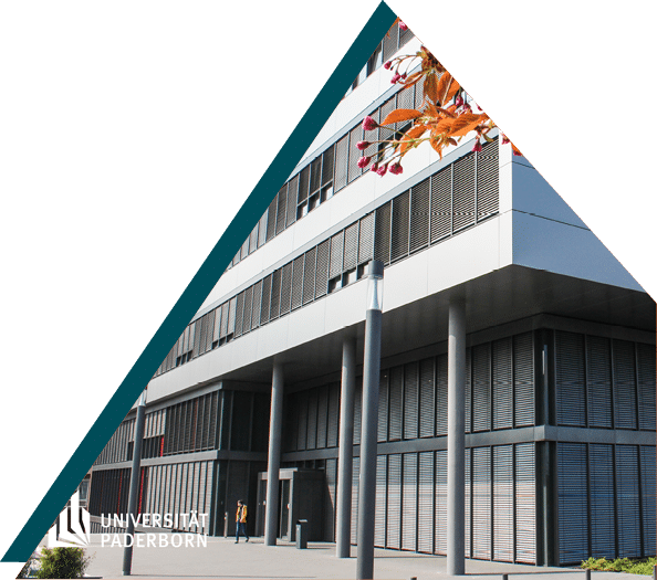 The modern building of Paderborn University with a triangular frame design.