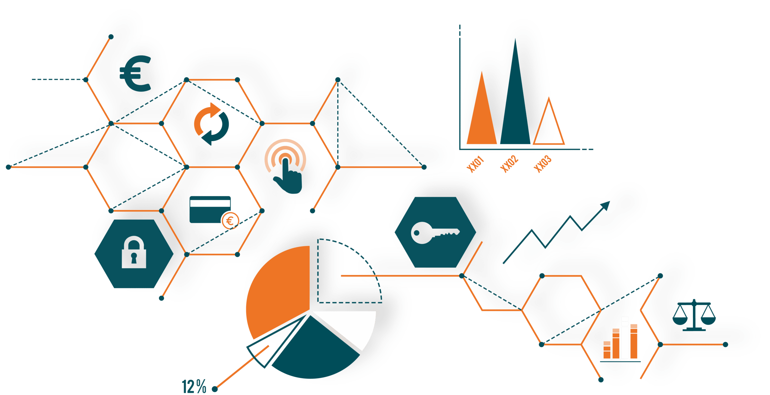 Abstract graphic showing interconnected nodes, pie charts, and security icons, illustrating data analysis and security.