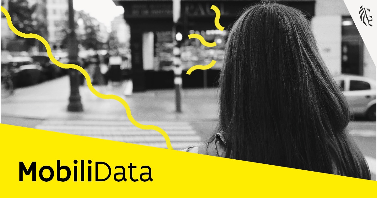 MobiliData promotional banner featuring a black-and-white photo of a woman walking on a street, with yellow graphic accents and the word 'MobiliData' in bold black text.