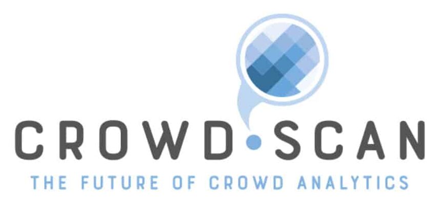 Logo van Crowdscan, met een blauw rasterpatroon in de vorm van een bol en de slogan 'The future of crowd analytics'.