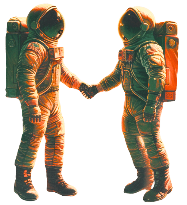 Two astronauts in orange suits shaking hands in space, symbolizing the partnership and collaborative success of Sirus as a Microsoft Solutions Partner.