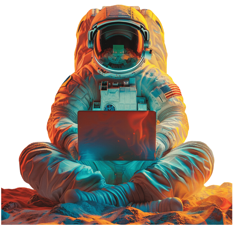 Astronaut in a vivid orange space suit seated cross-legged on a Martian surface, engaged with a laptop, representing Sirus's commitment to expanding their expertise in Cloud Productivity and Microsoft Office 365 solutions.