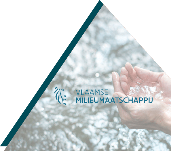 Logo Vlaamse Milieumaatschappij with an image of hands holding a small amount of water with a blurred water background.
