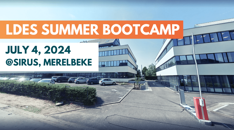 A modern office complex with two buildings and a parking lot, featuring a banner that reads "LDES Summer Bootcamp" on July 4, 2024, at Sirus, Merelbeke.