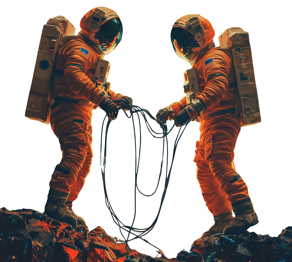 Two astronauts standing on a rocky surface, working together to connect cables. This illustrates the importance of partnership and coordination in setting up a robust Information Management Plan (IMP).