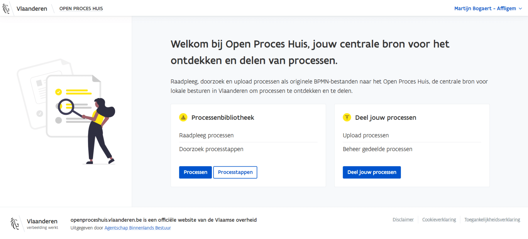 Screenshot of the Open Proces Huis platform homepage, showing tools for local authorities to consult, upload, and share BPMN process files.