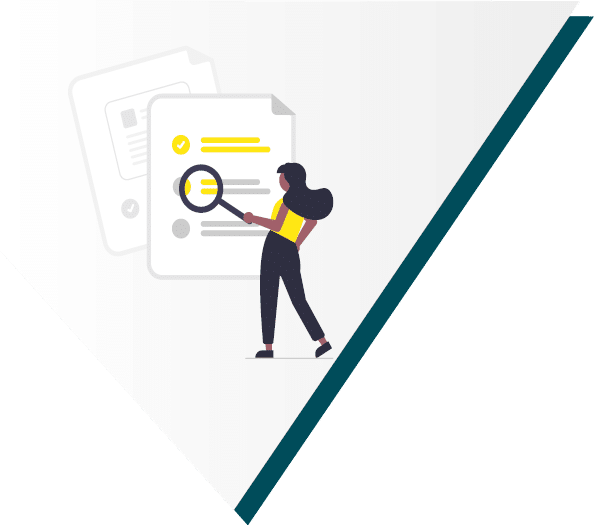 Illustration of a woman examining a document with a magnifying glass, symbolizing data validation or quality control.