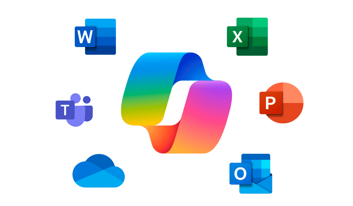 Illustration of Copilot for Microsoft 365 fully integrated with familiar Microsoft apps like Word, Excel, Teams, PowerPoint, and Outlook.
