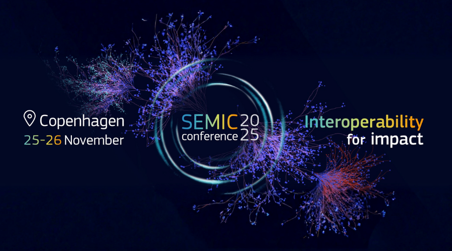SEMIC 2025 visual in Copenhagen with theme 'Interoperability for Impact', featuring LDES insights from Sirus