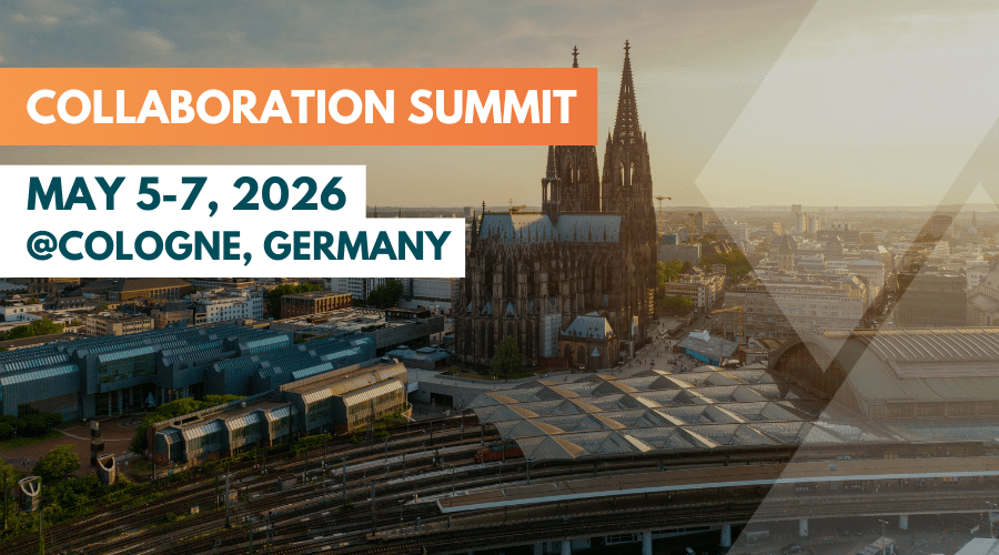 Collaboration Summit event banner showing Cologne Cathedral with dates May 5-7, 2026 in Cologne, Germany