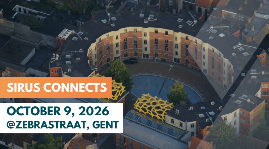 Aerial view of curved residential building with Sirus Connects event details for October 9, 2026 at Zebrastraat, Gent