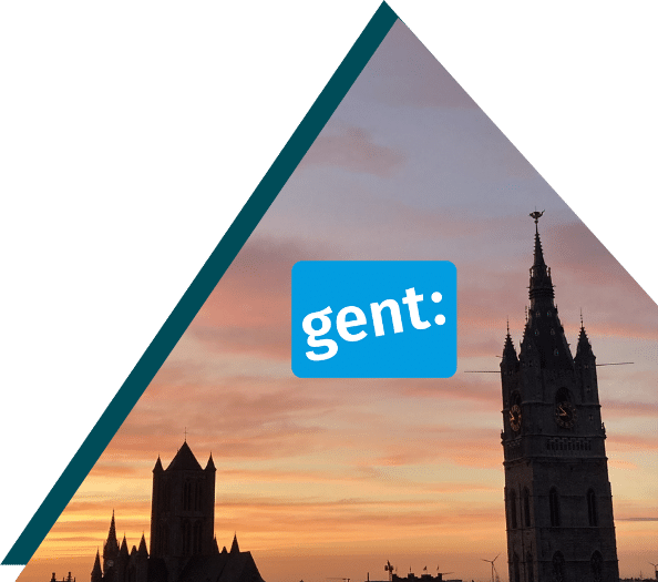 Ghent city skyline at sunset with church towers silhouetted, featuring the Gent city logo — Smart City Project Ghent by Sirus