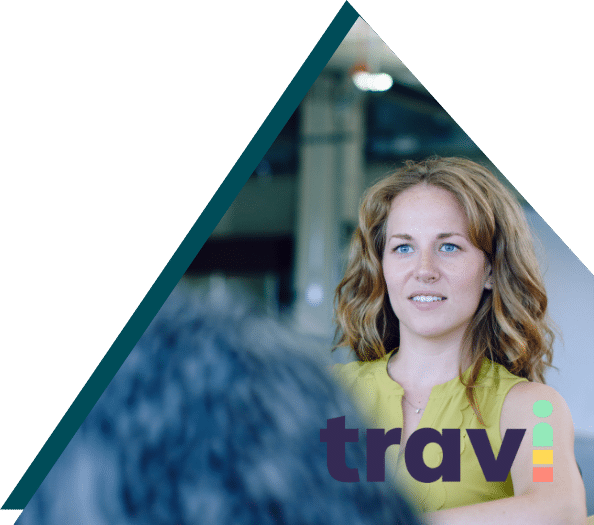 Travi project case at Sirus — smiling woman in yellow top in a modern office setting with Travi logo overlay
