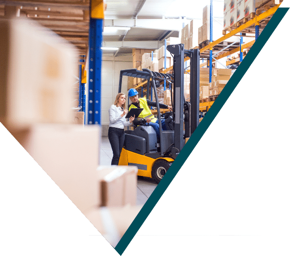 Warehouse manager consulting with forklift operator on inventory management, illustrating smart logistics solutions by Sirus