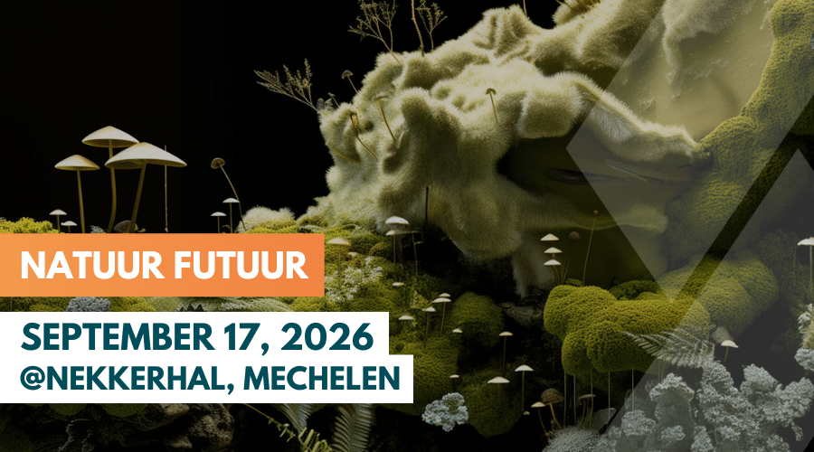 Natuur Futuur event banner – September 17, 2026 at Nekkerhal Mechelen, featuring lush moss, fungi and nature photography